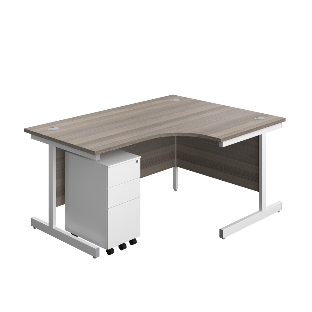 Single Upright Right Hand Radial Desk + Slimline Steel Pedestal 3 Drawers (FSC) | 1600 X 1200 | Grey Oak/White | 