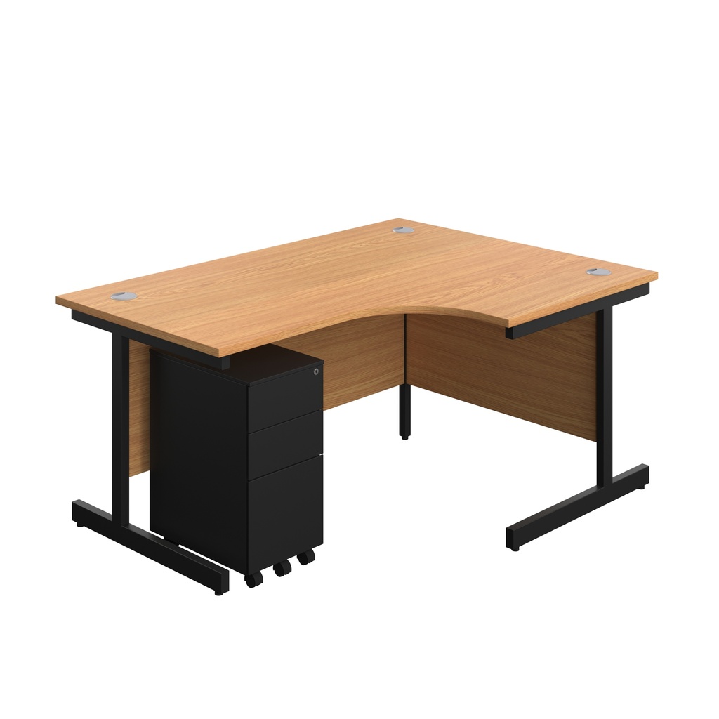 Single Upright Right Hand Radial Desk + Slimline Steel Pedestal 3 Drawers (FSC) | 1600 X 1200 | Nova Oak/Black | 