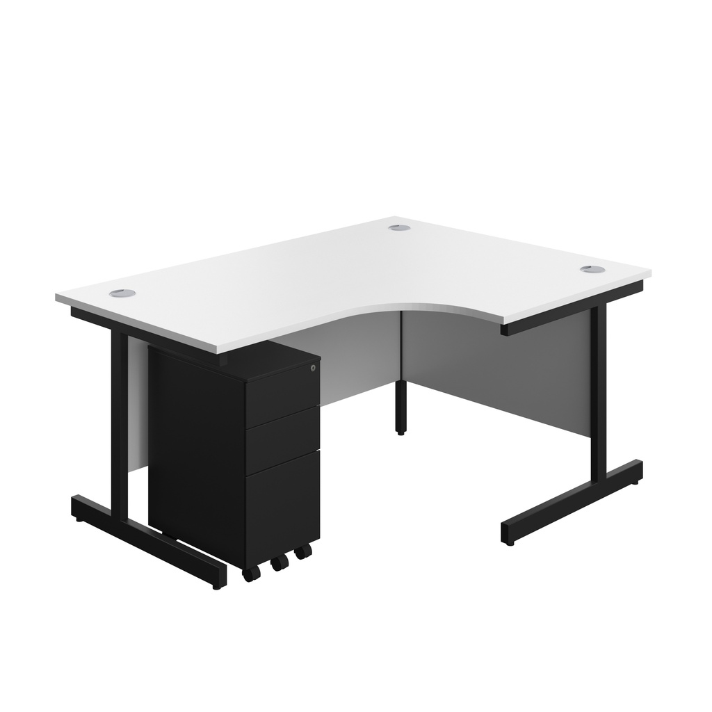 Single Upright Right Hand Radial Desk + Slimline Steel Pedestal 3 Drawers (FSC) | 1600 X 1200 | White/Black | 