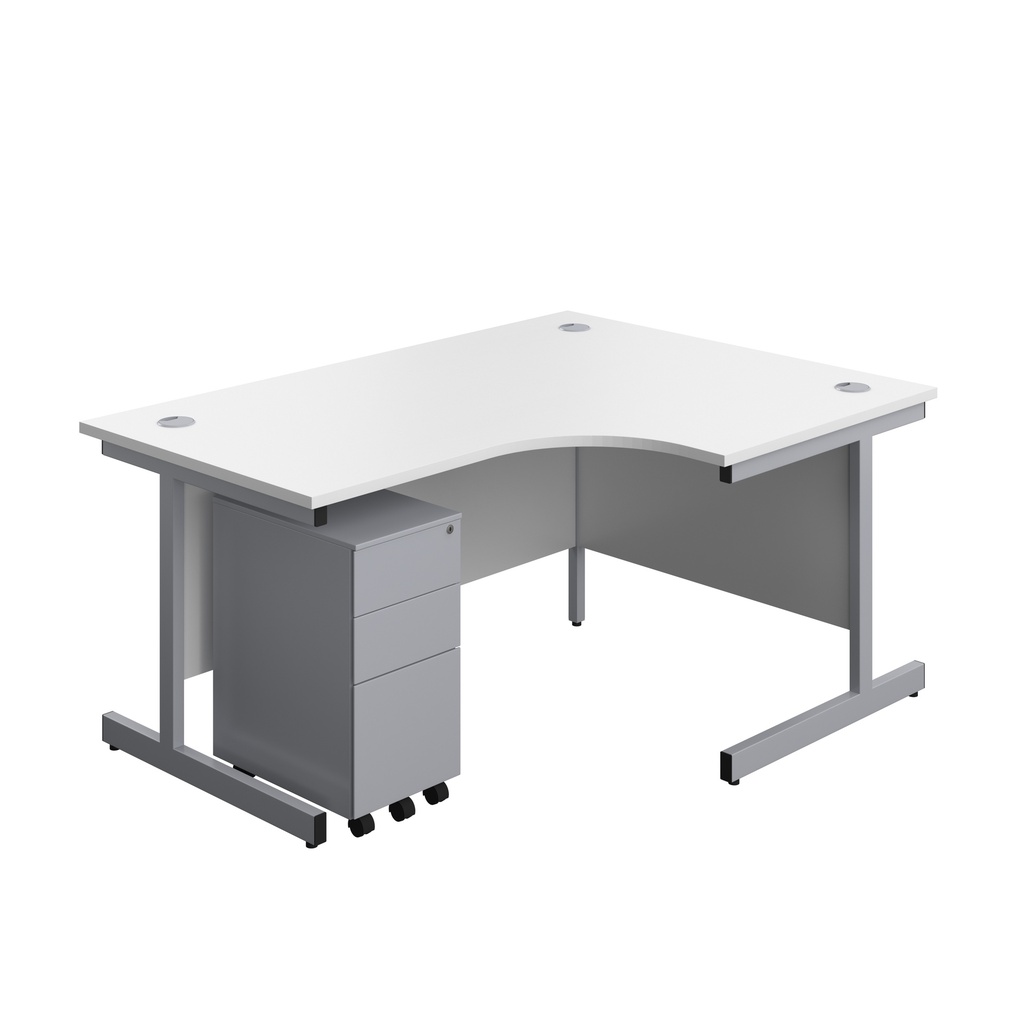 Single Upright Right Hand Radial Desk + Slimline Steel Pedestal 3 Drawers (FSC) | 1600 X 1200 | White/Silver | 