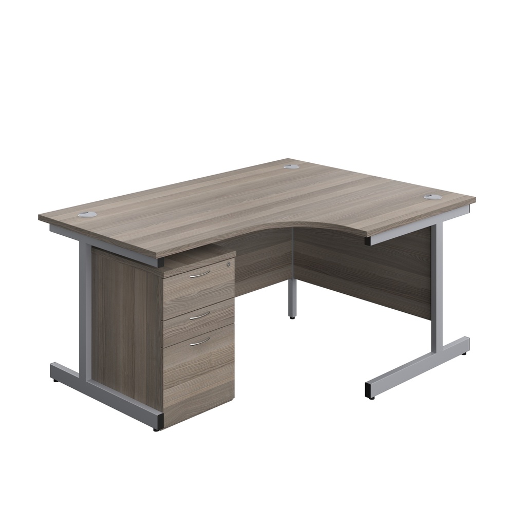 Single Upright Right Hand Radial Desk + High Mobile Pedestal 3 Drawer (FSC) | 1600 X 1200 | Grey Oak/Silver | 