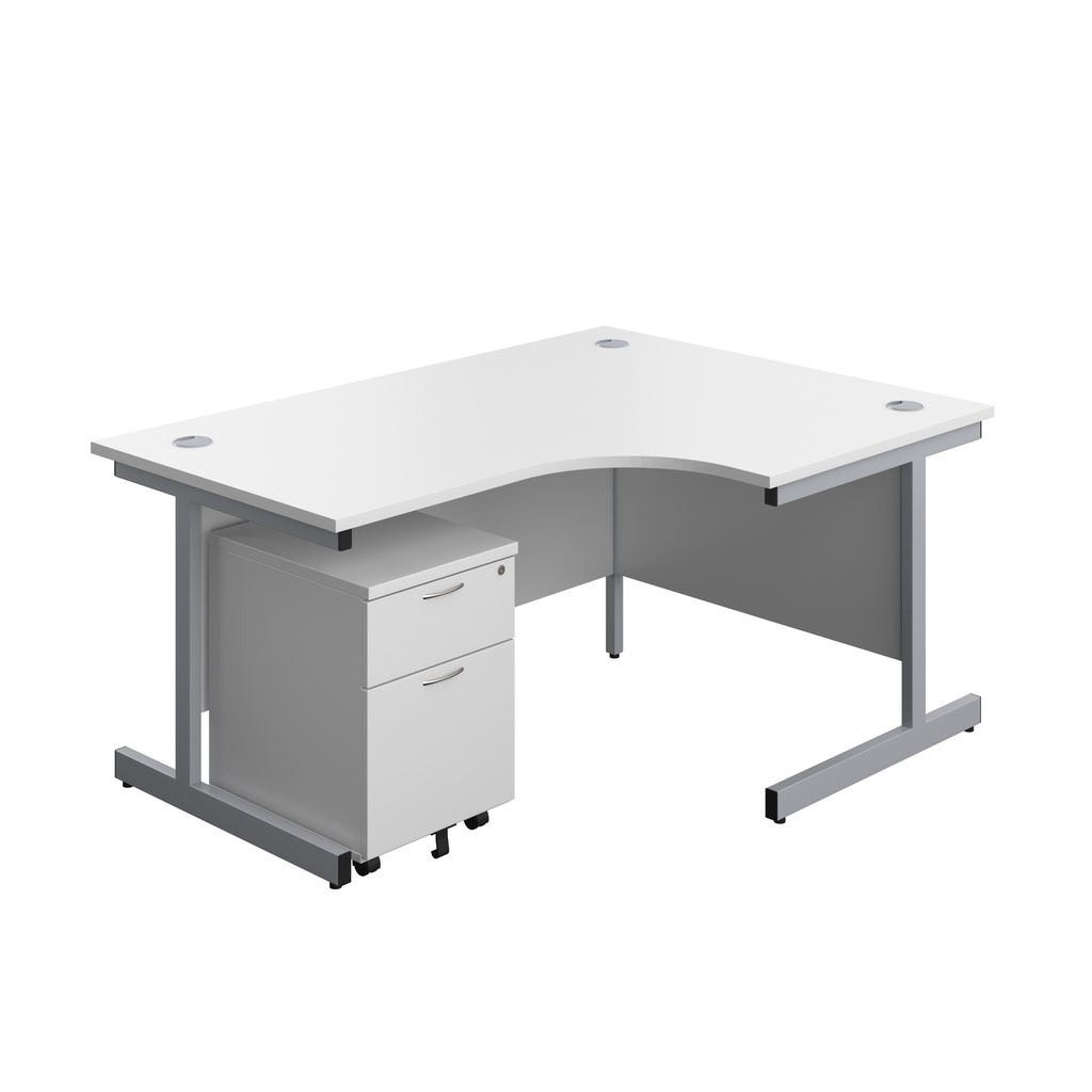 Single Upright Right Hand Radial Desk + Mobile 2 Drawer Pedestal (FSC) | 1600 X 1200 | White/Silver | 