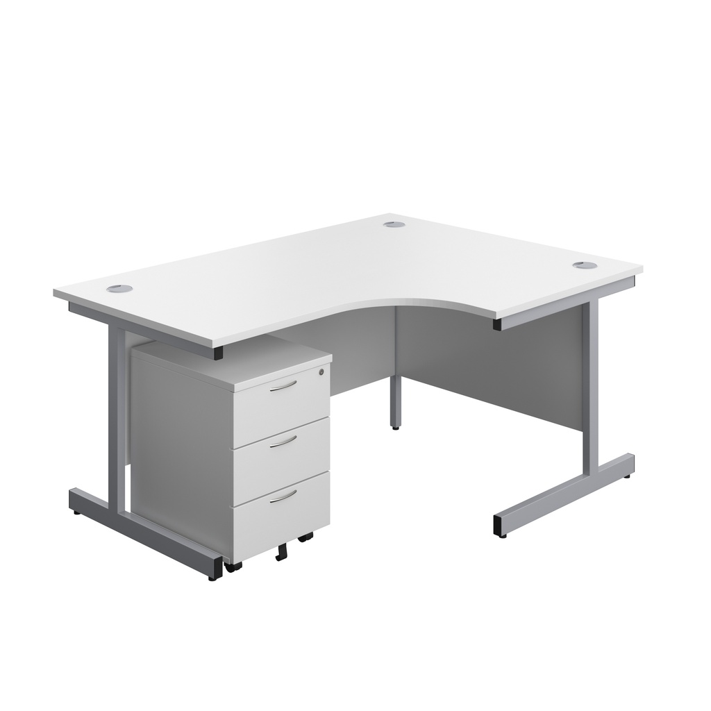 Single Upright Right Hand Radial Desk + Mobile 3 Drawer Pedestal (FSC) | 1600 X 1200 | White/Silver | 