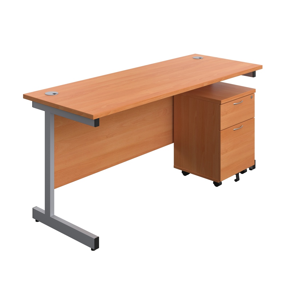 Single Upright Rectangular Desk + Mobile 2 Drawer Pedestal (FSC) | 1600 X 600 | Beech/Silver | 