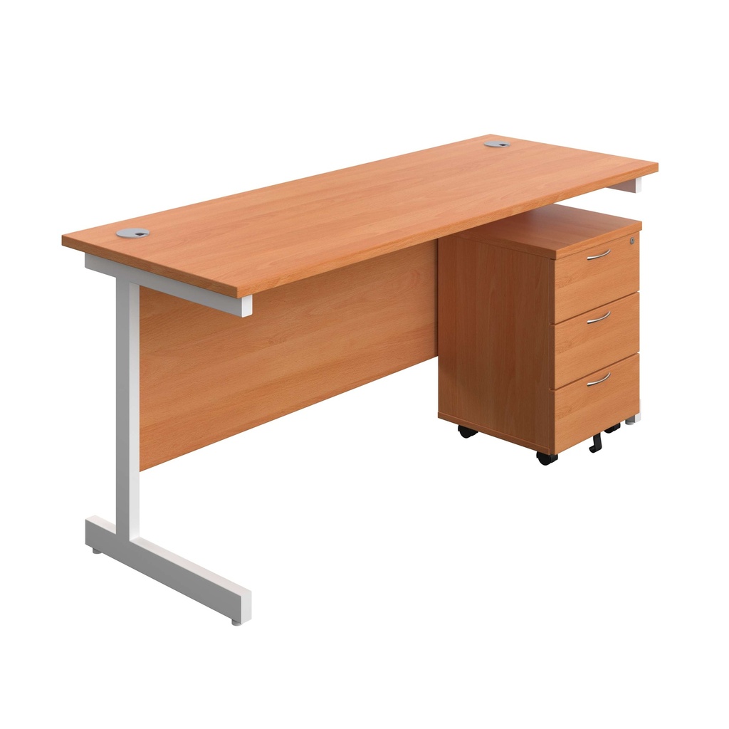 Single Upright Rectangular Desk + Mobile 3 Drawer Pedestal (FSC) | 1600 X 600 | Beech/White | 