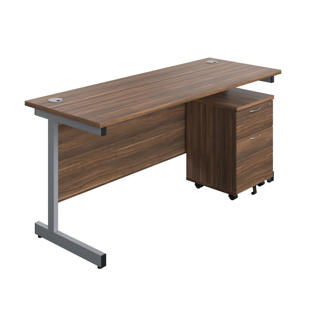 Single Upright Rectangular Desk + Mobile 2 Drawer Pedestal (FSC) | 1600 X 600 | Dark Walnut/Silver | 