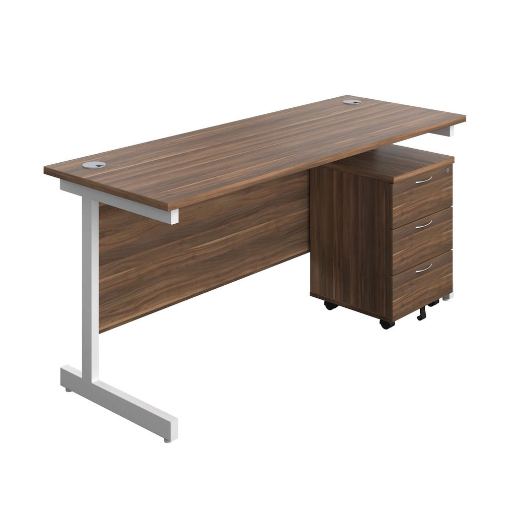 Single Upright Rectangular Desk + Mobile 3 Drawer Pedestal (FSC) | 1600 X 600 | Dark Walnut/White | 