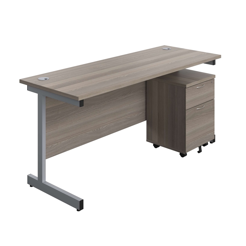 Single Upright Rectangular Desk + Mobile 2 Drawer Pedestal (FSC) | 1600 X 600 | Grey Oak/Silver | 