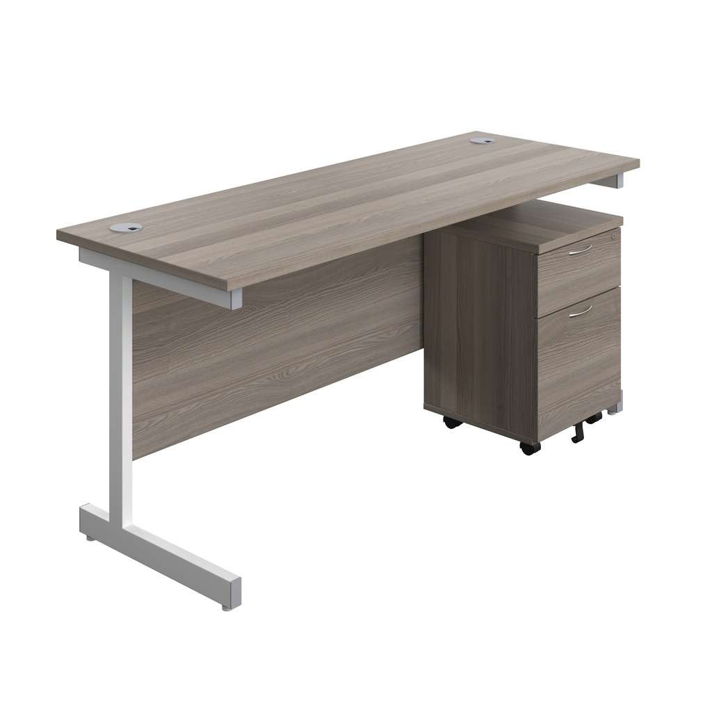 Single Upright Rectangular Desk + Mobile 2 Drawer Pedestal (FSC) | 1600 X 600 | Grey Oak/White | 