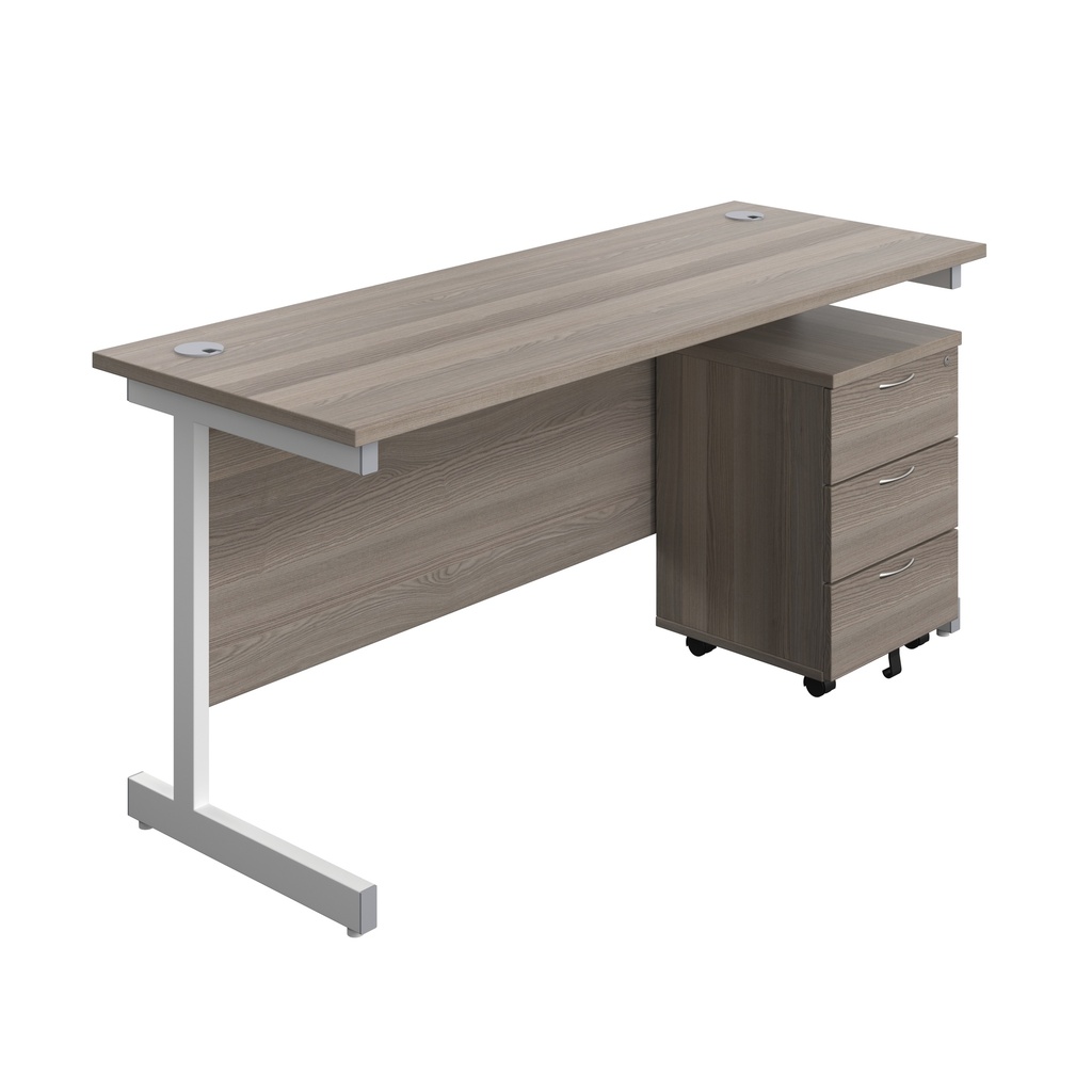 Single Upright Rectangular Desk + Mobile 3 Drawer Pedestal (FSC) | 1600 X 600 | Grey Oak/White | 