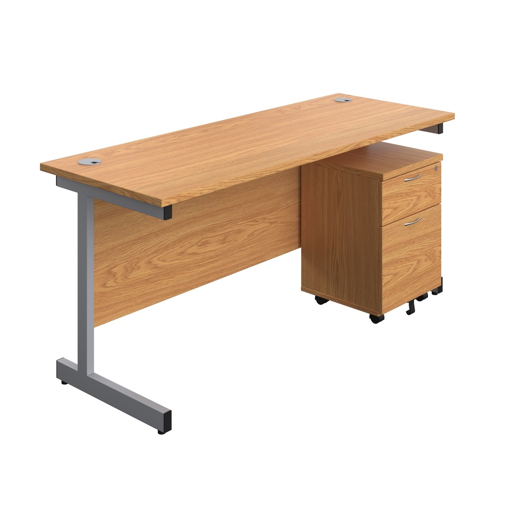 Single Upright Rectangular Desk + Mobile 2 Drawer Pedestal (FSC) | 1600 X 600 | Nova Oak/Silver | 