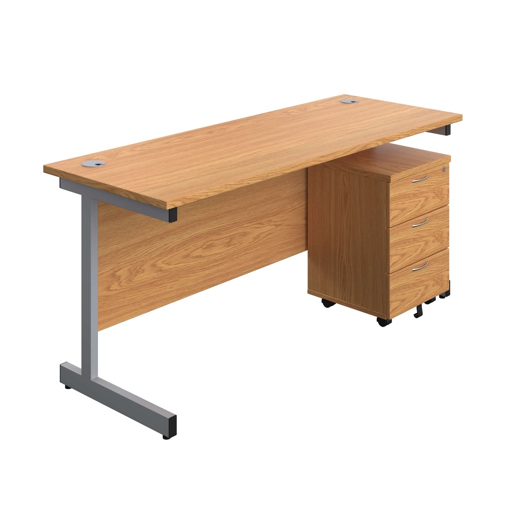 Single Upright Rectangular Desk + Mobile 3 Drawer Pedestal (FSC) | 1600 X 600 | Nova Oak/Silver | 