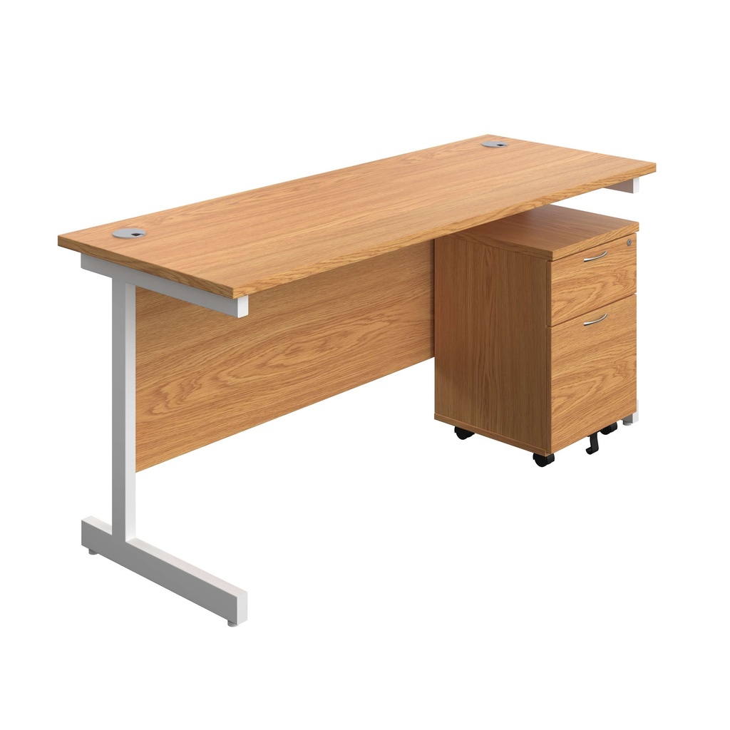 Single Upright Rectangular Desk + Mobile 2 Drawer Pedestal (FSC) | 1600 X 600 | Nova Oak/White | 
