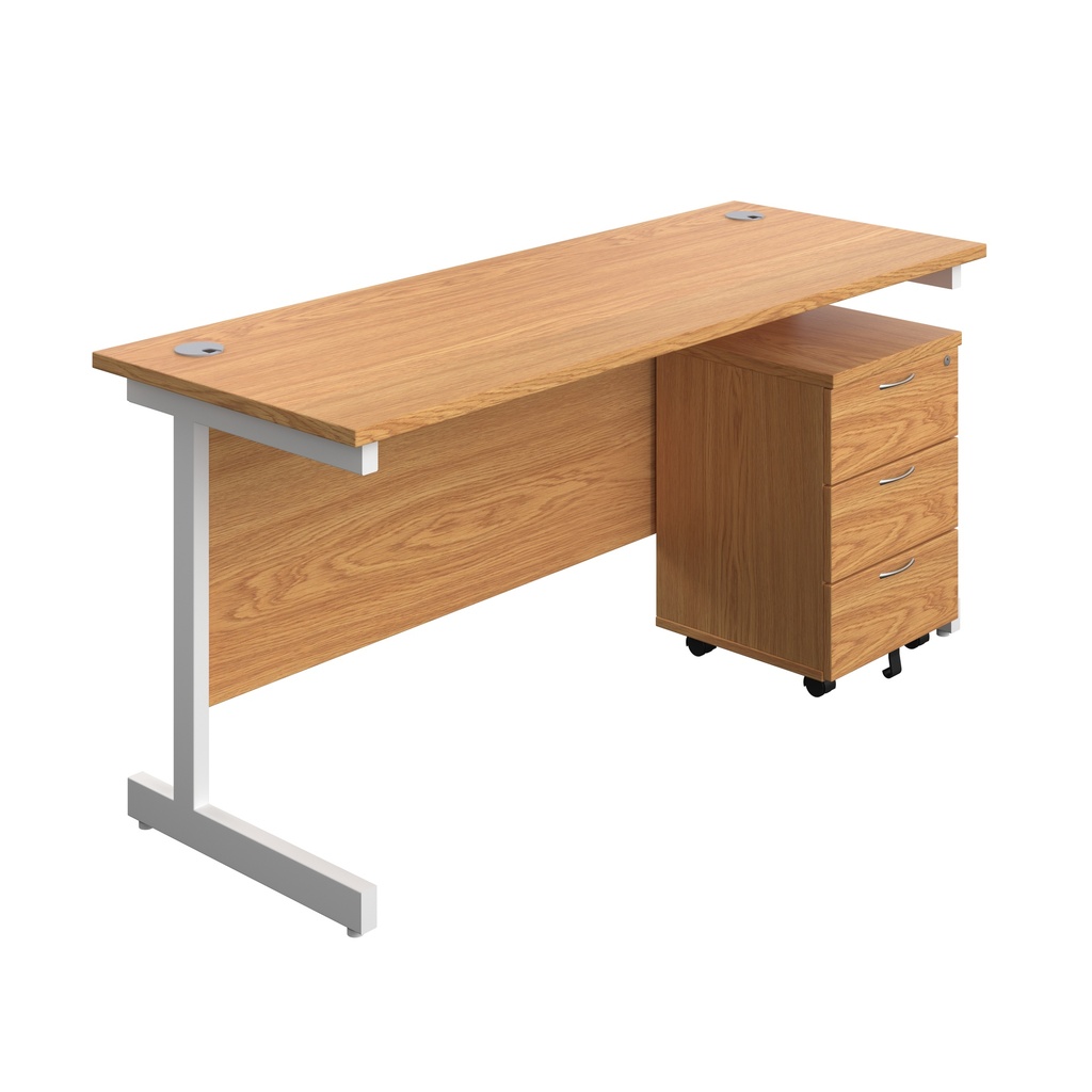 Single Upright Rectangular Desk + Mobile 3 Drawer Pedestal (FSC) | 1600 X 600 | Nova Oak/White | 