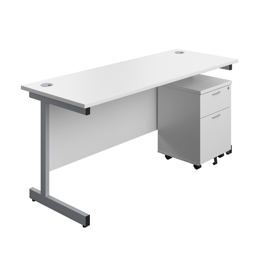 Single Upright Rectangular Desk + Mobile 2 Drawer Pedestal (FSC) | 1600 X 600 | White/Silver | 