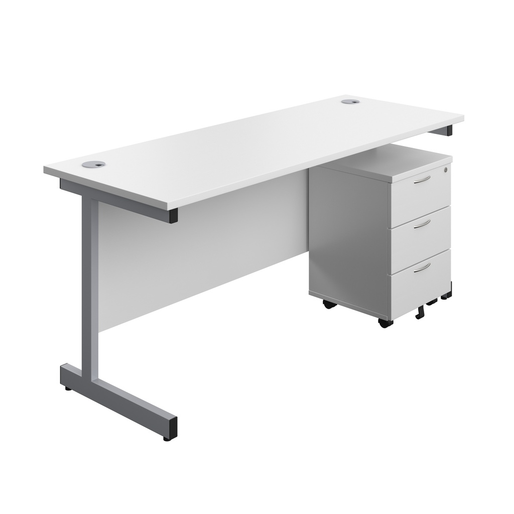Single Upright Rectangular Desk + Mobile 3 Drawer Pedestal (FSC) | 1600 X 600 | White/Silver | 