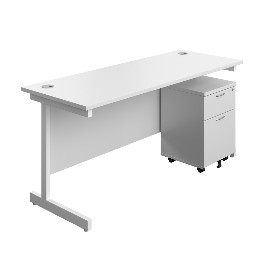Single Upright Rectangular Desk + Mobile 2 Drawer Pedestal (FSC) | 1600 X 600 | White/White | 