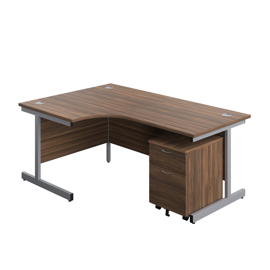 Single Upright Left Hand Radial Desk + Mobile 2 Drawer Pedestal (FSC) | 1800 X 1200 | Dark Walnut/Silver | 