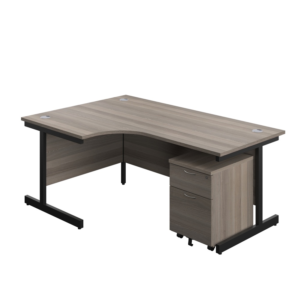 Single Upright Left Hand Radial Desk + Mobile 2 Drawer Pedestal (FSC) | 1800 X 1200 | Grey Oak/Black | 