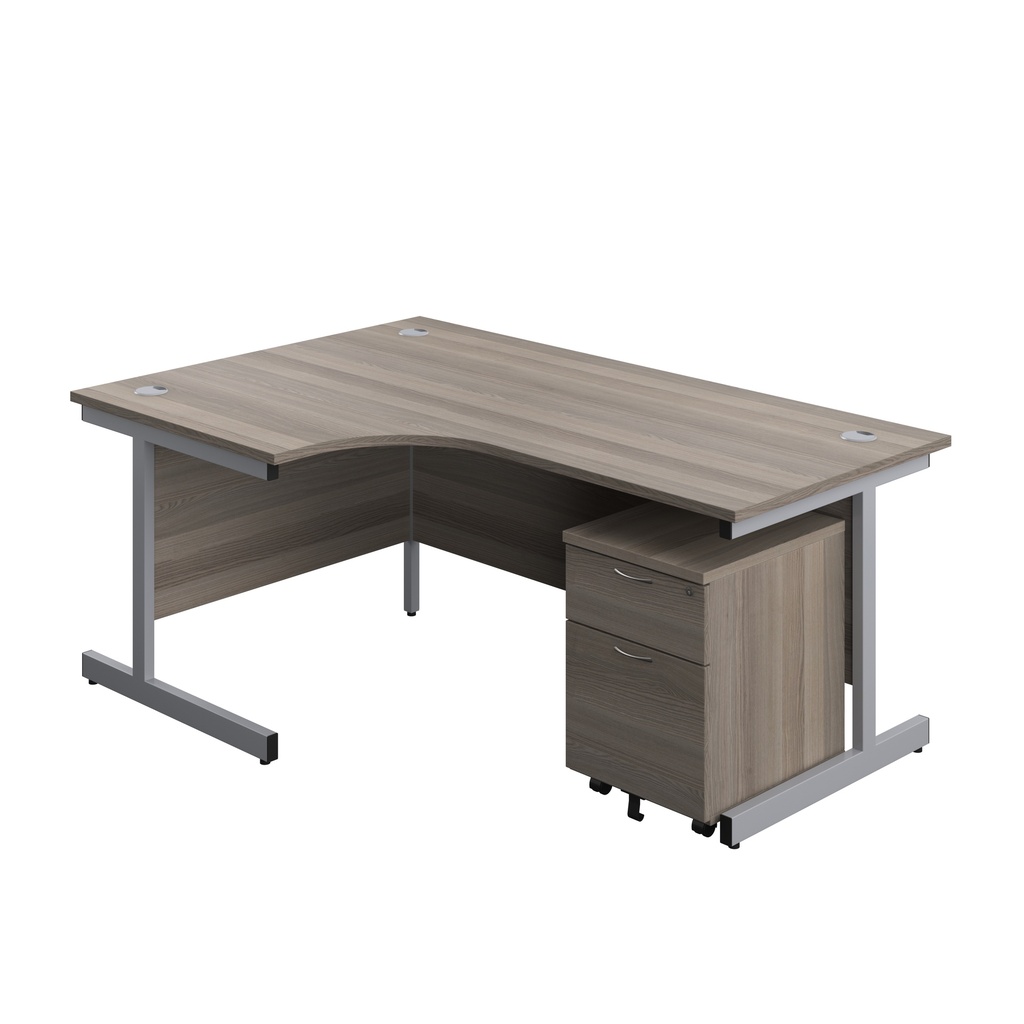 Single Upright Left Hand Radial Desk + Mobile 2 Drawer Pedestal (FSC) | 1800 X 1200 | Grey Oak/Silver | 