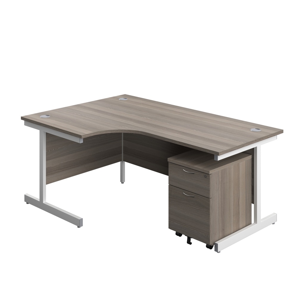 Single Upright Left Hand Radial Desk + Mobile 2 Drawer Pedestal (FSC) | 1800 X 1200 | Grey Oak/White | 
