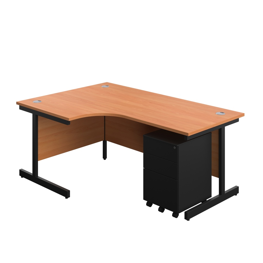 Single Upright Left Hand Radial Desk + Under Desk Steel Pedestal 3 Drawers (FSC) | 1800 X 1200 | Beech/Black | 
