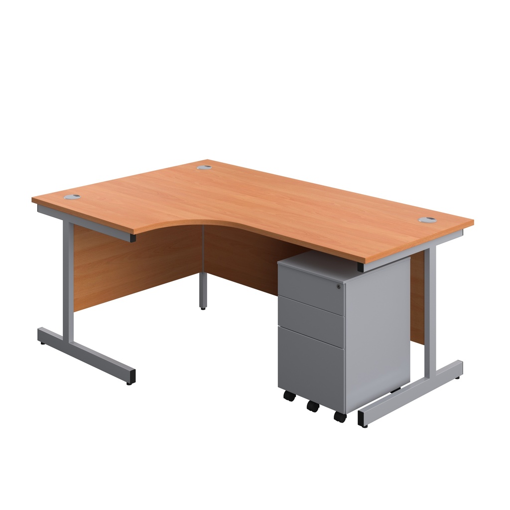 Single Upright Left Hand Radial Desk + Under Desk Steel Pedestal 3 Drawers (FSC) | 1800 X 1200 | Beech/Silver | 