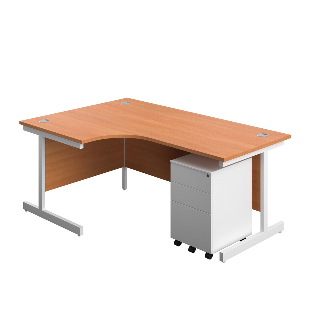 Single Upright Left Hand Radial Desk + Under Desk Steel Pedestal 3 Drawers (FSC) | 1800 X 1200 | Beech/White | 