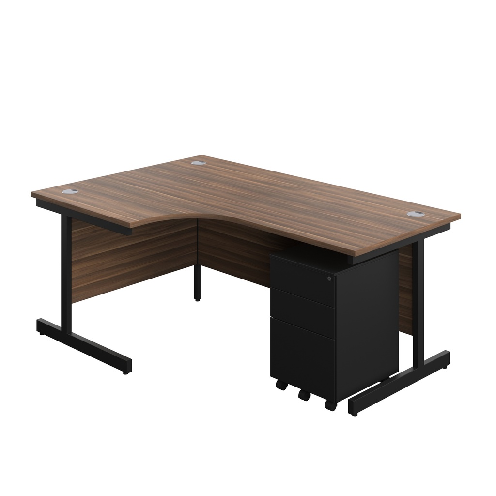 Single Upright Left Hand Radial Desk + Under Desk Steel Pedestal 3 Drawers (FSC) | 1800 X 1200 | Dark Walnut/Black | 