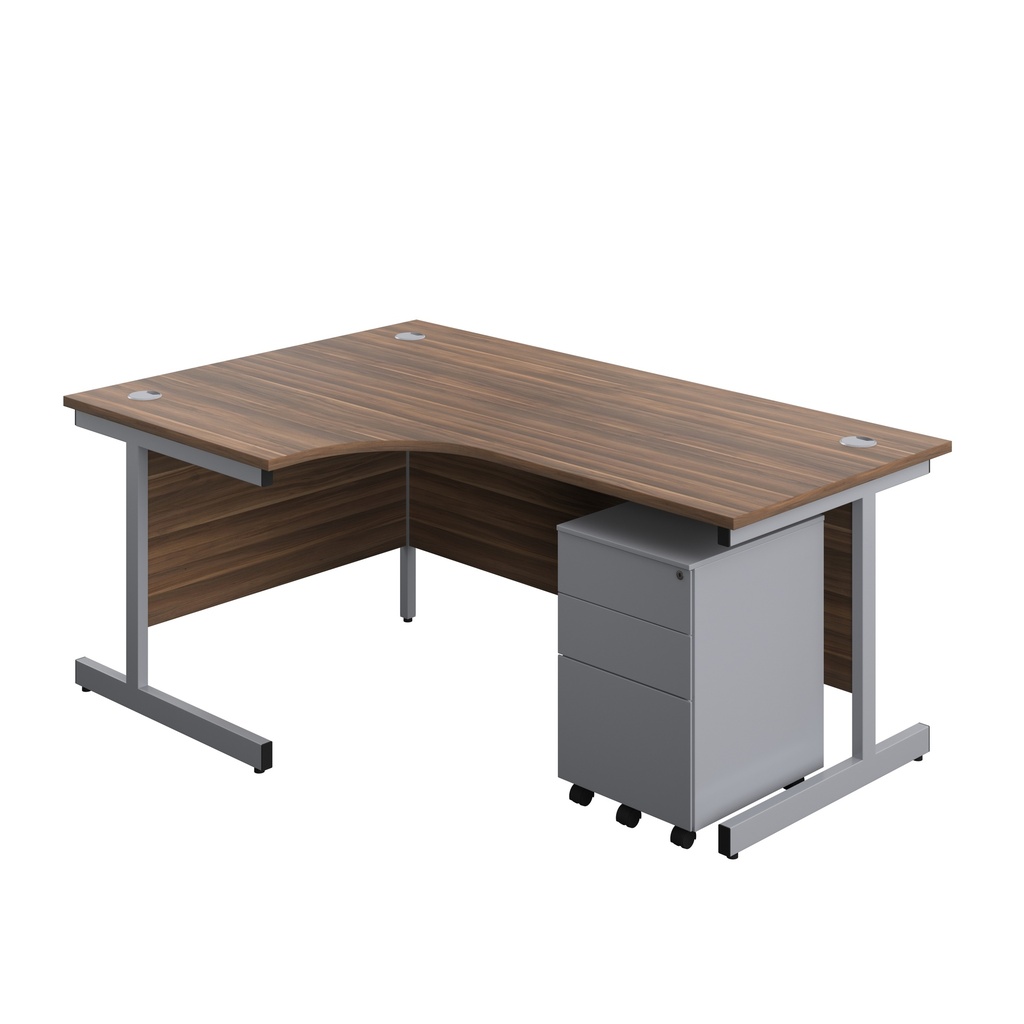 Single Upright Left Hand Radial Desk + Under Desk Steel Pedestal 3 Drawers (FSC) | 1800 X 1200 | Dark Walnut/Silver | 