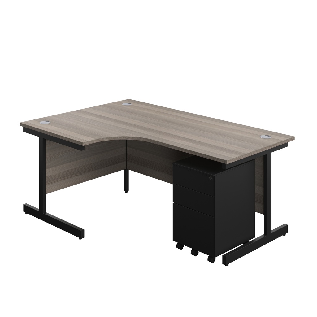 Single Upright Left Hand Radial Desk + Under Desk Steel Pedestal 3 Drawers (FSC) | 1800 X 1200 | Grey Oak/Black | 