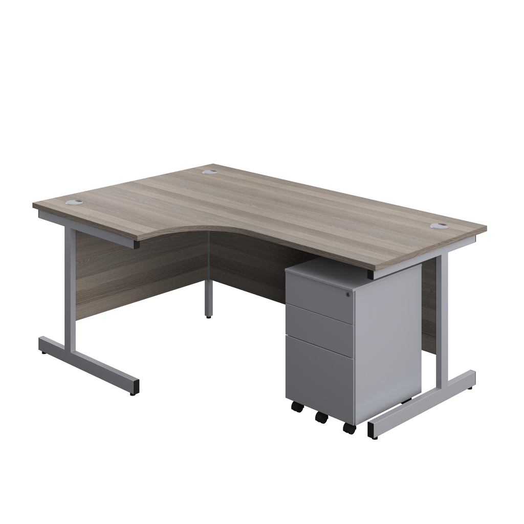 Single Upright Left Hand Radial Desk + Under Desk Steel Pedestal 3 Drawers (FSC) | 1800 X 1200 | Grey Oak/Silver | 