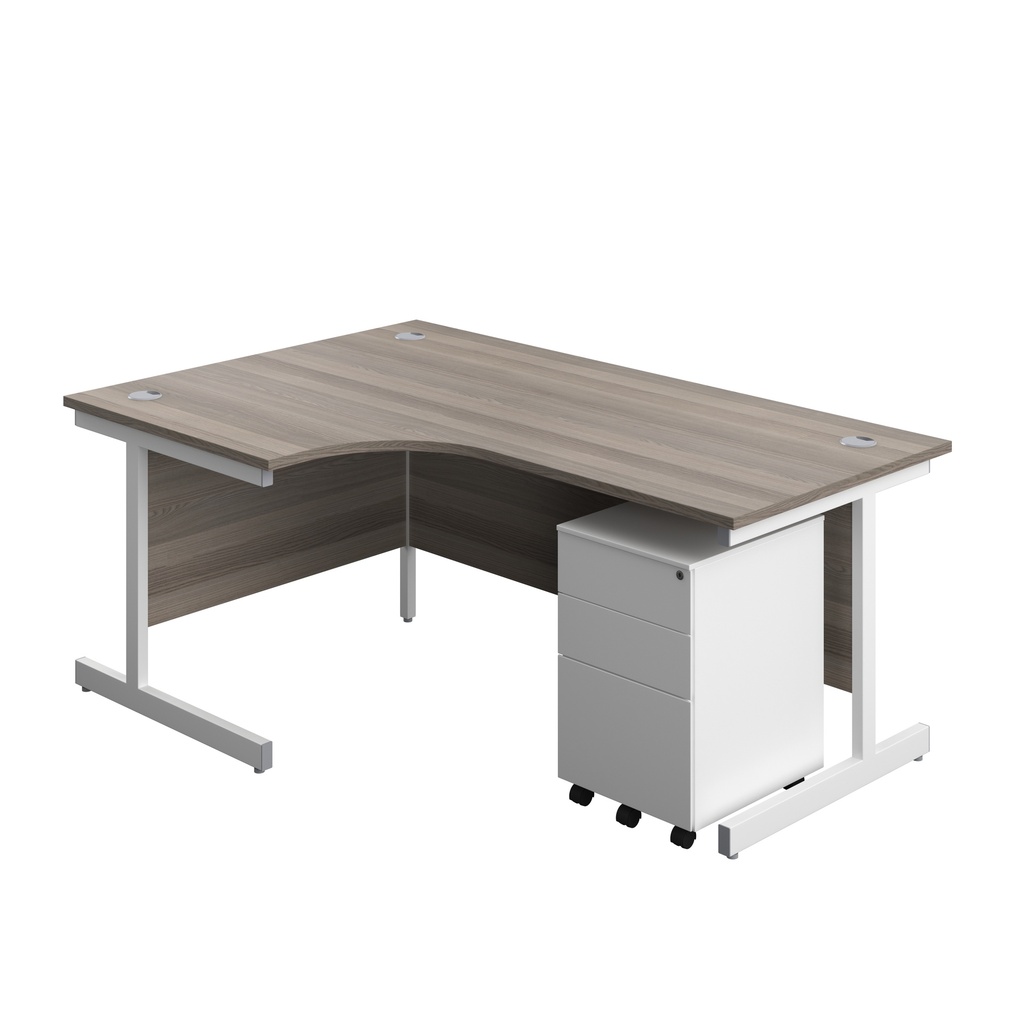 Single Upright Left Hand Radial Desk + Under Desk Steel Pedestal 3 Drawers (FSC) | 1800 X 1200 | Grey Oak/White | 