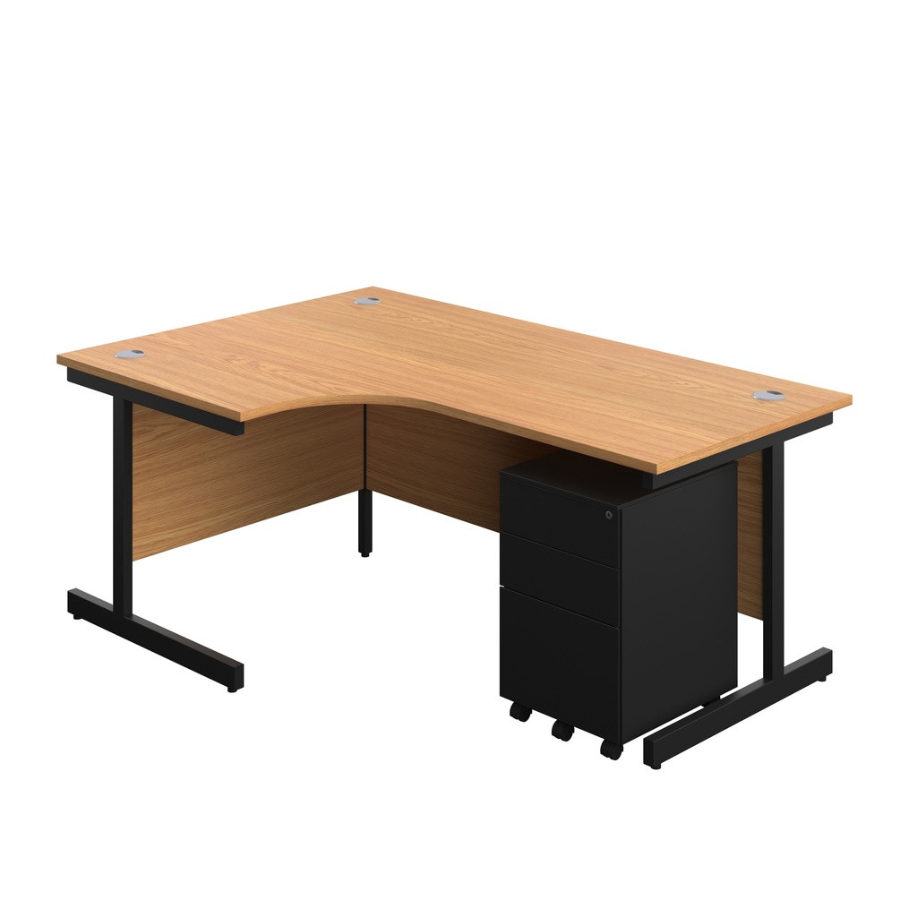 Single Upright Left Hand Radial Desk + Under Desk Steel Pedestal 3 Drawers (FSC) | 1800 X 1200 | Nova Oak/Black | 