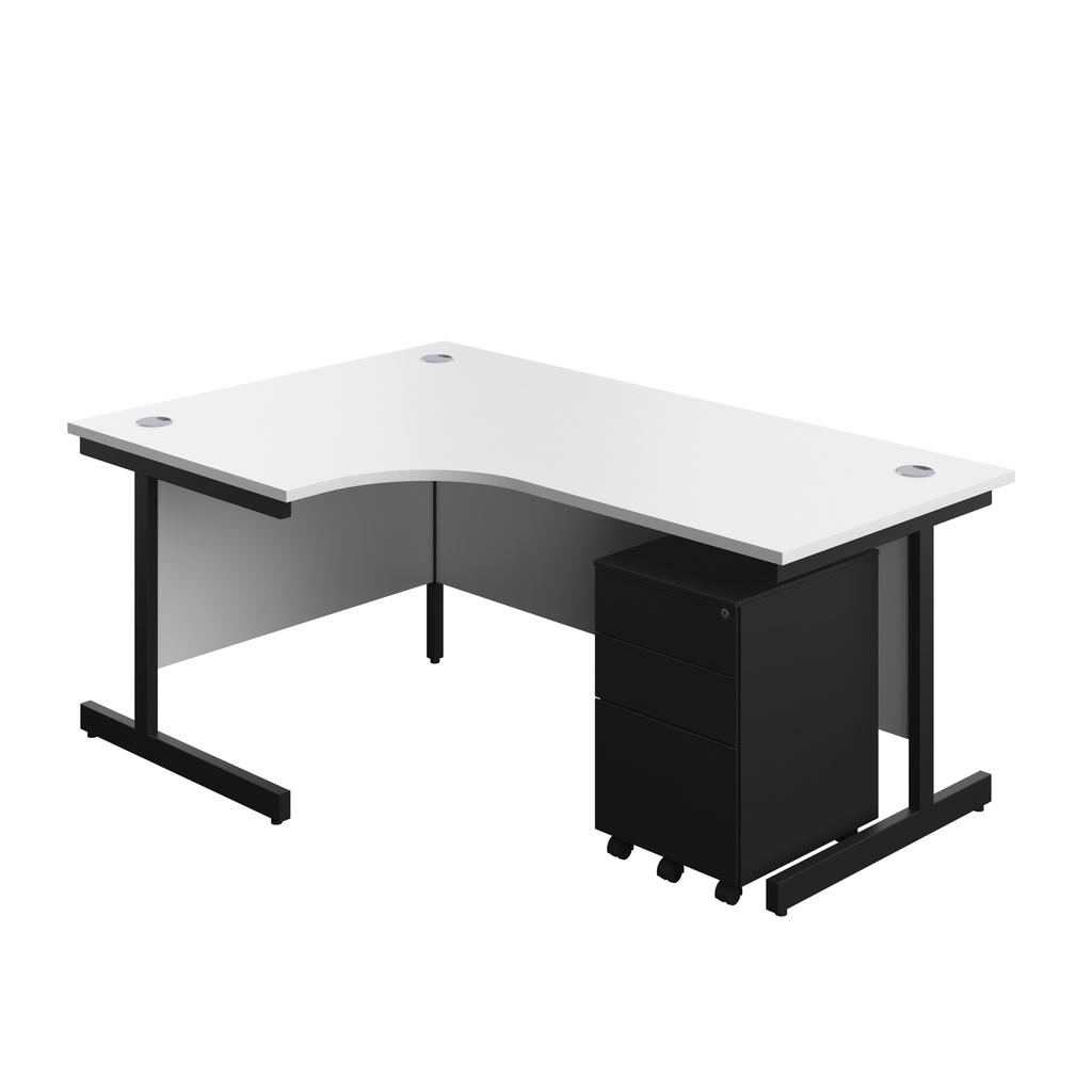 Single Upright Left Hand Radial Desk + Under Desk Steel Pedestal 3 Drawers (FSC) | 1800 X 1200 | White/Black | 
