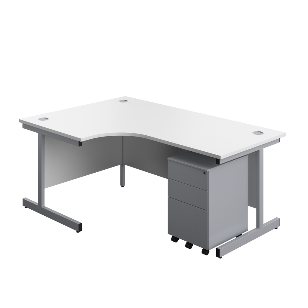 Single Upright Left Hand Radial Desk + Under Desk Steel Pedestal 3 Drawers (FSC) | 1800 X 1200 | White/Silver | 