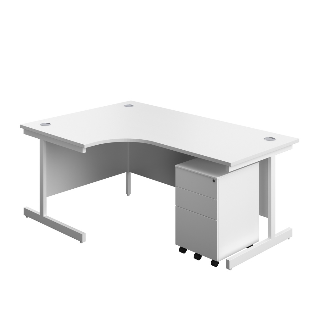 Single Upright Left Hand Radial Desk + Under Desk Steel Pedestal 3 Drawers (FSC) | 1800 X 1200 | White/White | 