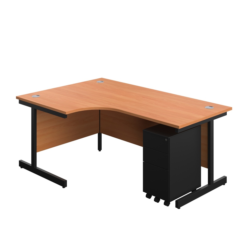Single Upright Left Hand Radial Desk + Slimline Steel Pedestal 3 Drawers (FSC) | 1800 X 1200 | Beech/Black | 