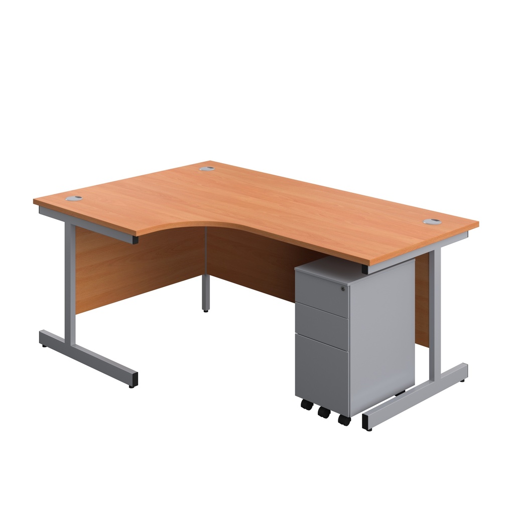 Single Upright Left Hand Radial Desk + Slimline Steel Pedestal 3 Drawers (FSC) | 1800 X 1200 | Beech/Silver | 