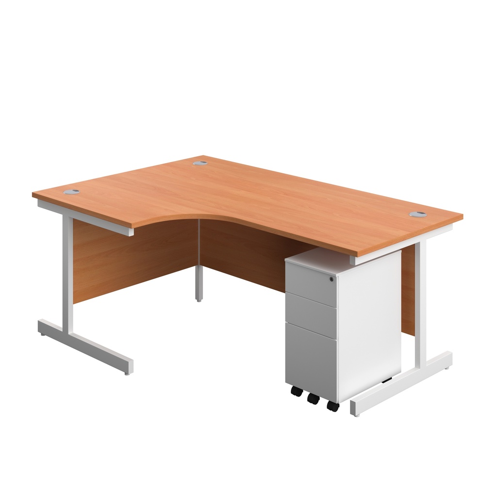 Single Upright Left Hand Radial Desk + Slimline Steel Pedestal 3 Drawers (FSC) | 1800 X 1200 | Beech/White | 