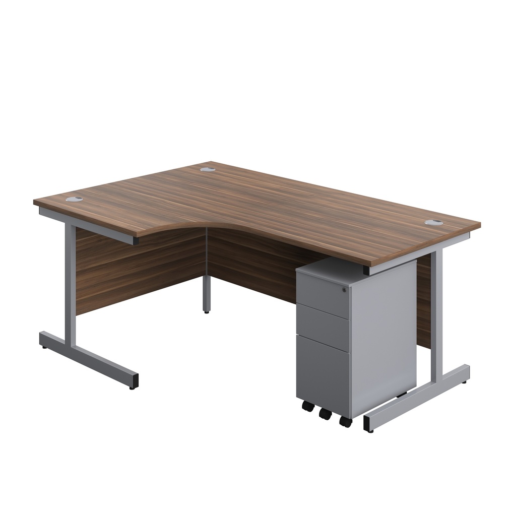 Single Upright Left Hand Radial Desk + Slimline Steel Pedestal 3 Drawers (FSC) | 1800 X 1200 | Dark Walnut/Silver | 