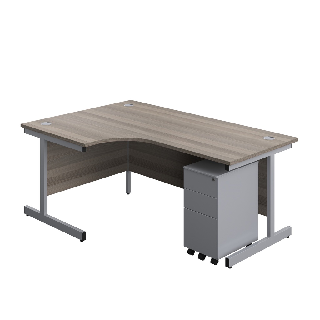 Single Upright Left Hand Radial Desk + Slimline Steel Pedestal 3 Drawers (FSC) | 1800 X 1200 | Grey Oak/Silver | 