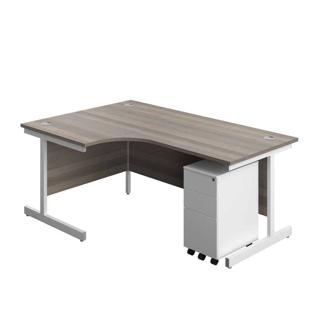 Single Upright Left Hand Radial Desk + Slimline Steel Pedestal 3 Drawers (FSC) | 1800 X 1200 | Grey Oak/White | 