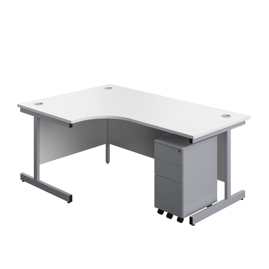 Single Upright Left Hand Radial Desk + Slimline Steel Pedestal 3 Drawers (FSC) | 1800 X 1200 | White/Silver | 