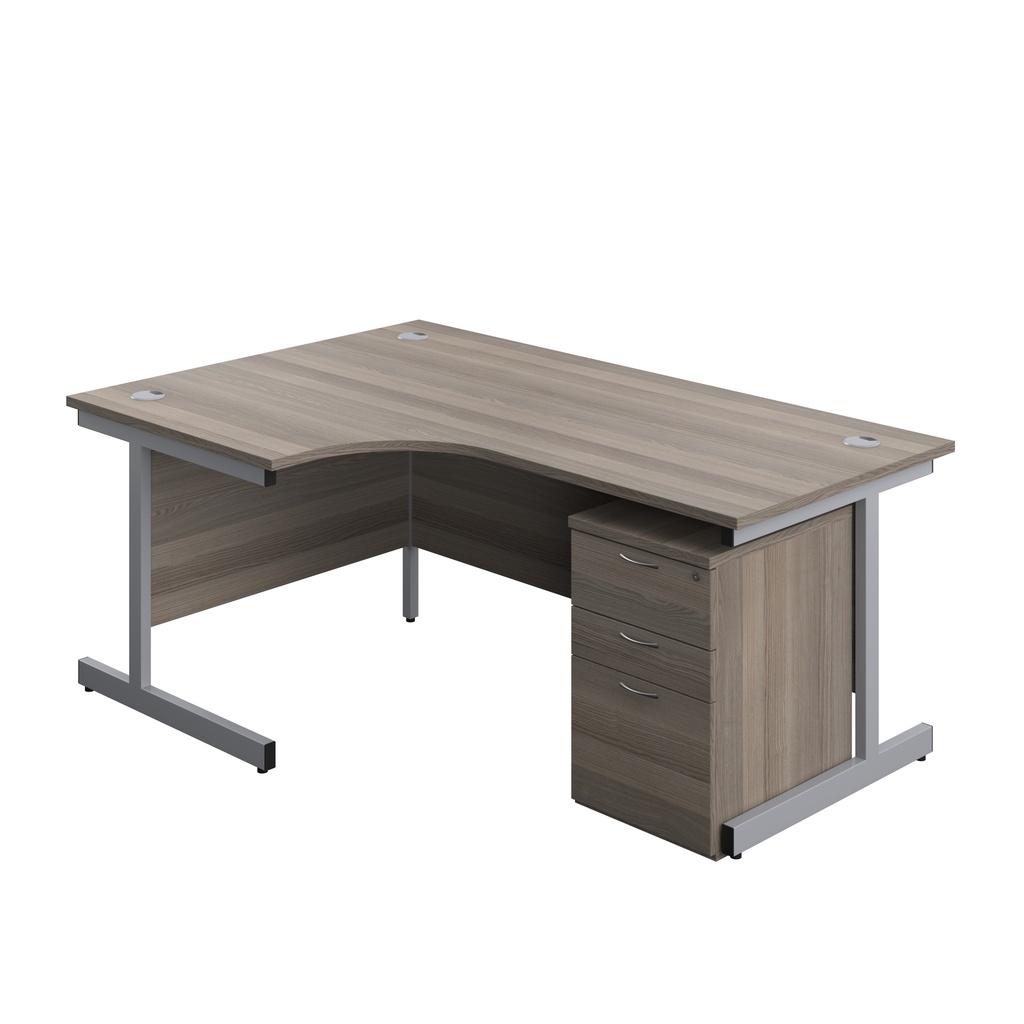 Single Upright Left Hand Radial Desk + High Mobile Pedestal 3 Drawer (FSC) | 1800 X 1200 | Grey Oak/Silver | 