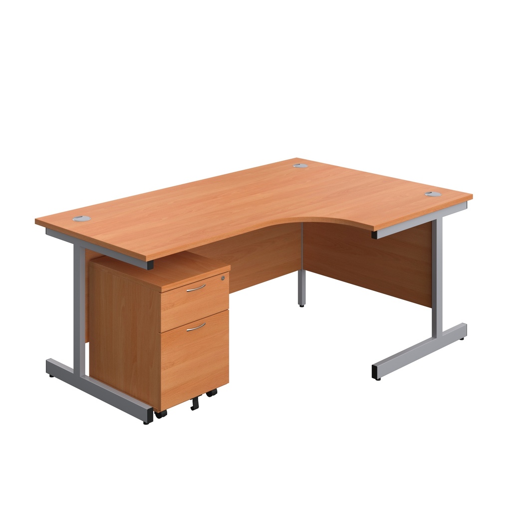Single Upright Right Hand Radial Desk + Mobile 2 Drawer Pedestal (FSC) | 1800 X 1200 | Beech/Silver | 