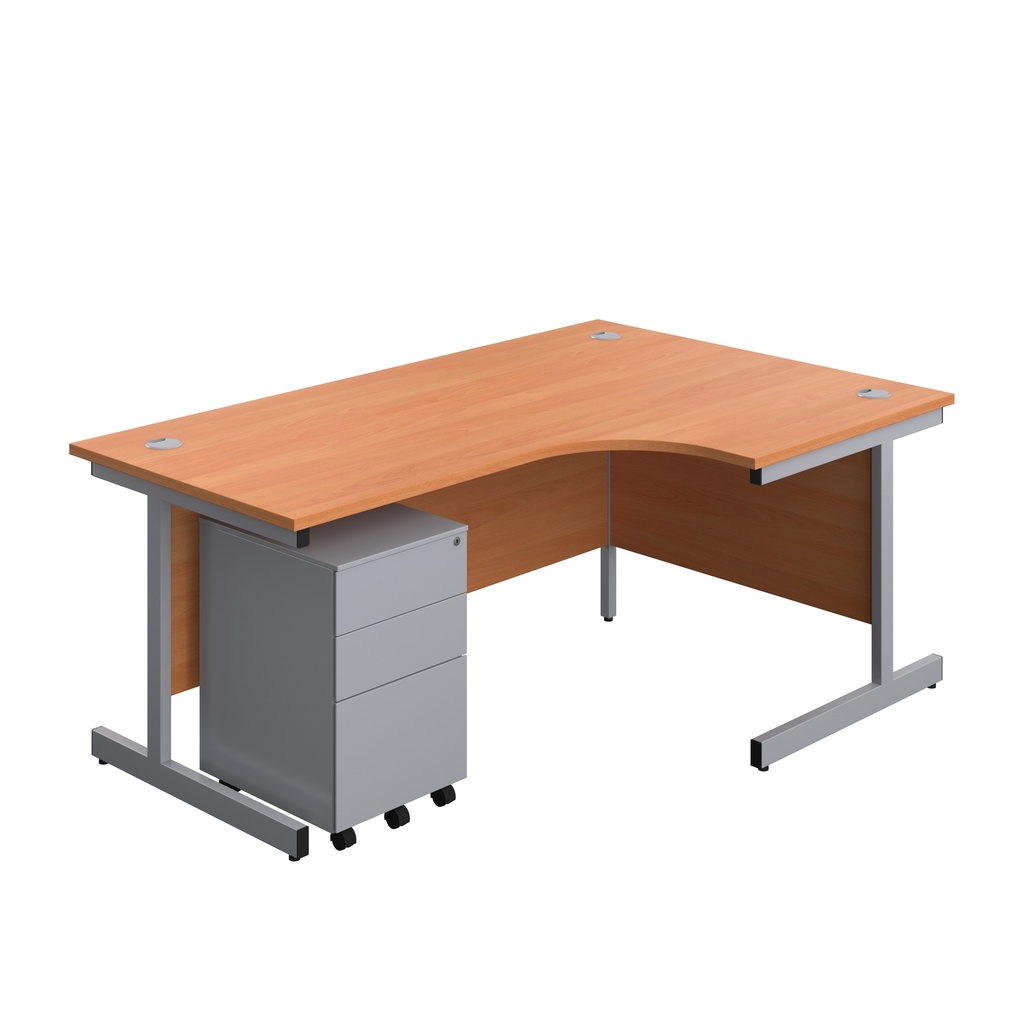 Single Upright Right Hand Radial Desk + Under Desk Steel Pedestal 3 Drawers (FSC) | 1800 X 1200 | Beech/Silver | 
