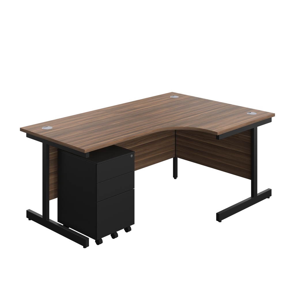 Single Upright Right Hand Radial Desk + Under Desk Steel Pedestal 3 Drawers (FSC) | 1800 X 1200 | Dark Walnut/Black | 