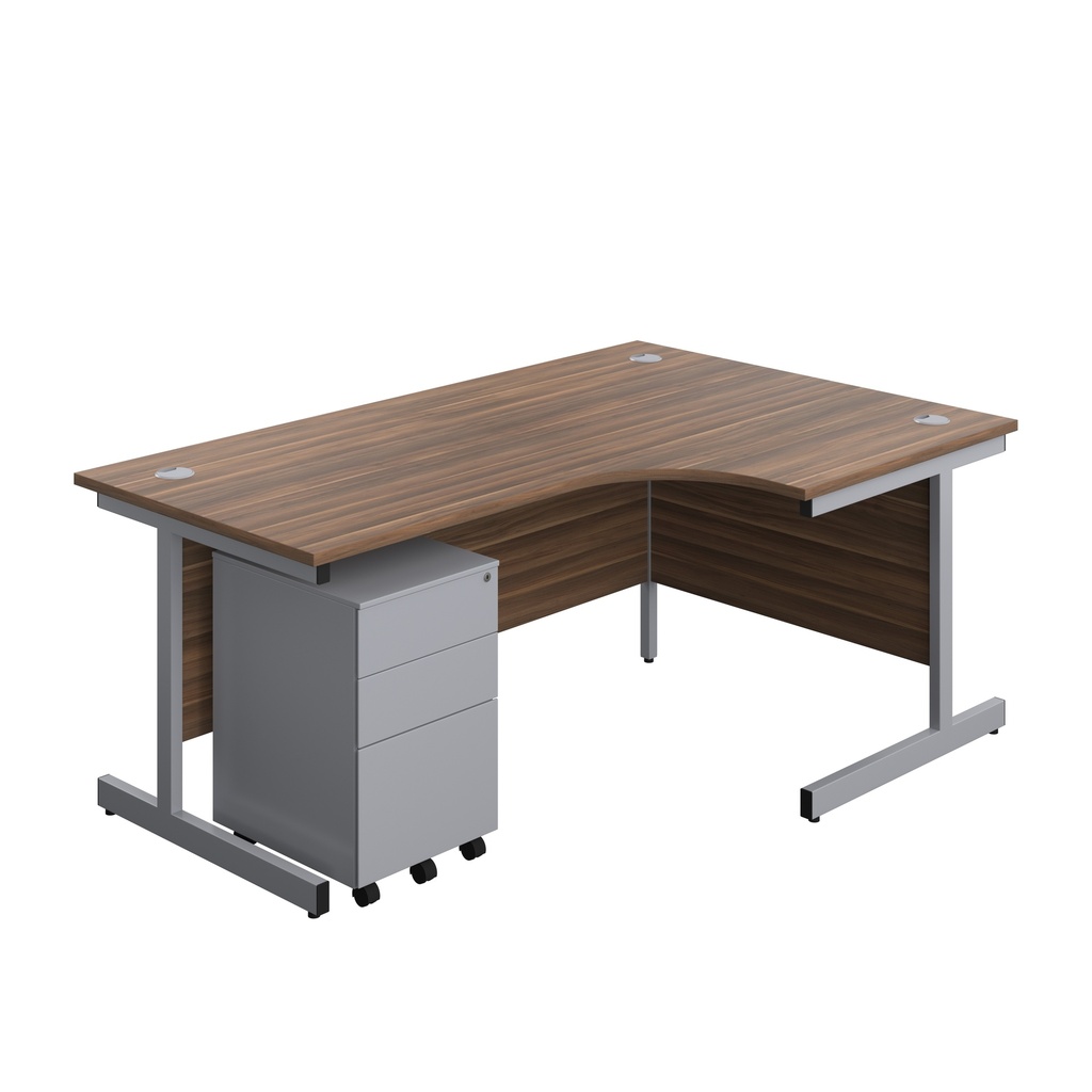 Single Upright Right Hand Radial Desk + Under Desk Steel Pedestal 3 Drawers (FSC) | 1800 X 1200 | Dark Walnut/Silver | 
