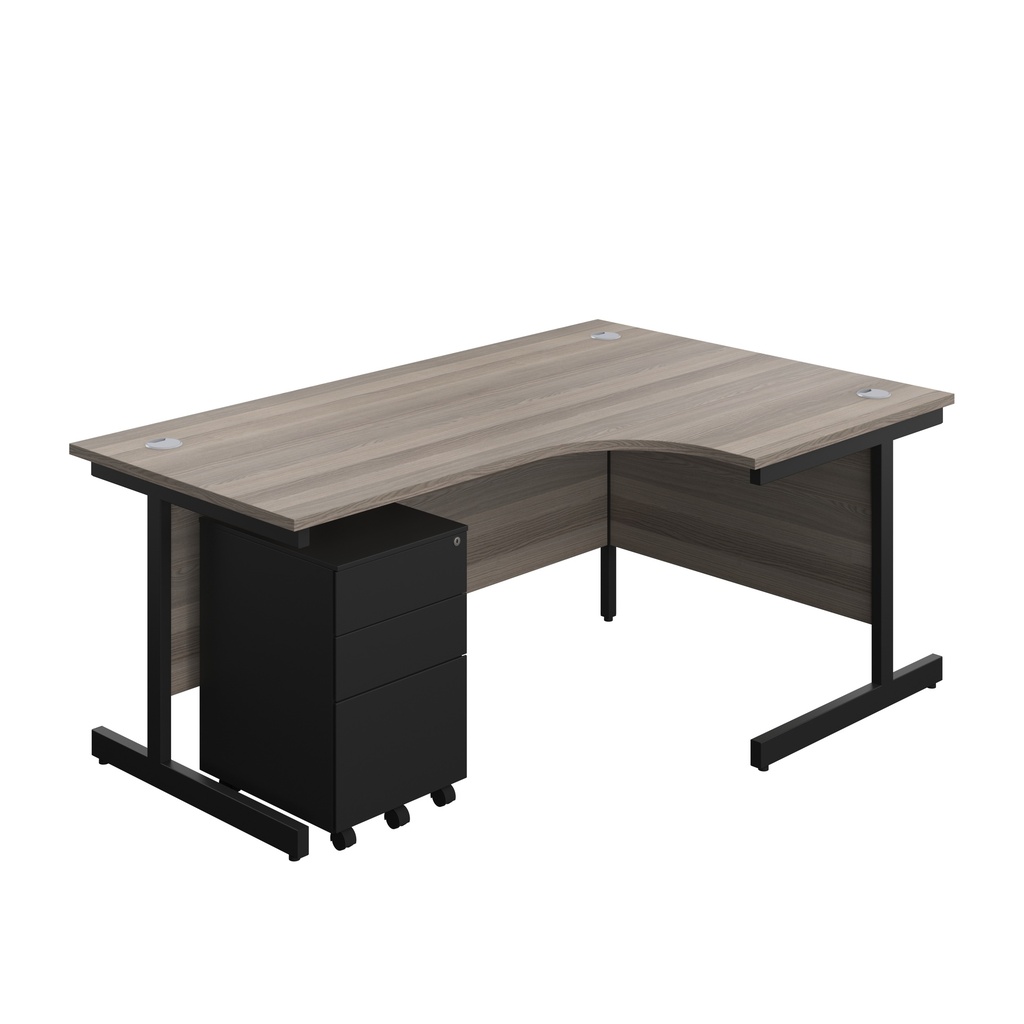 Single Upright Right Hand Radial Desk + Under Desk Steel Pedestal 3 Drawers (FSC) | 1800 X 1200 | Grey Oak/Black | 